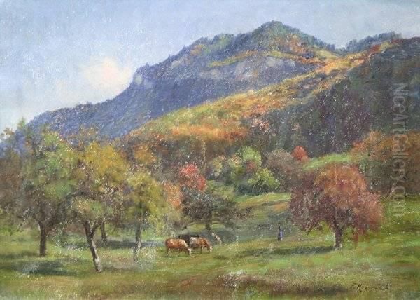 Cows Grazing On A Mountainside Oil Painting by Fritz Edouard Huguenin-Lassauguette