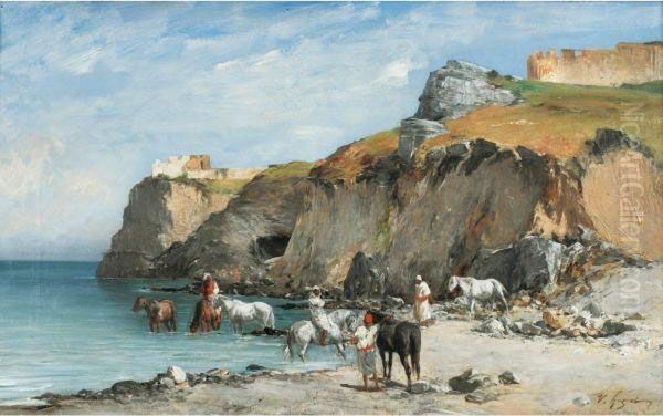 Halte De Cavaliers Au Bord De La Mer Oil Painting by Victor Pierre Huguet