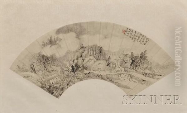 Depiction Of A Recluse Crossing A Bridgein A Mountainous Landscape Oil Painting by Lu Hui