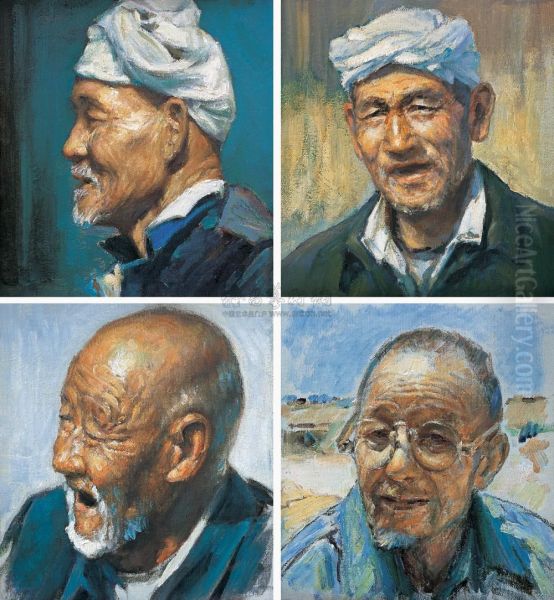 A Group Of Old Man Oil Painting by Lu Hui