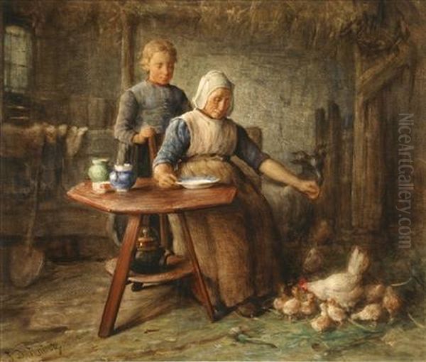 Woman Feeding Hen And Chicks Oil Painting by Jan Derk Huibers