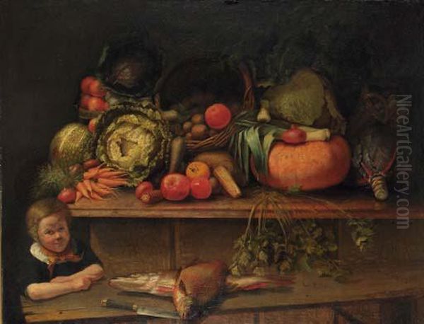 A Boy Standing By A Kitchen Still Life Oil Painting by Jan Derk Huibers