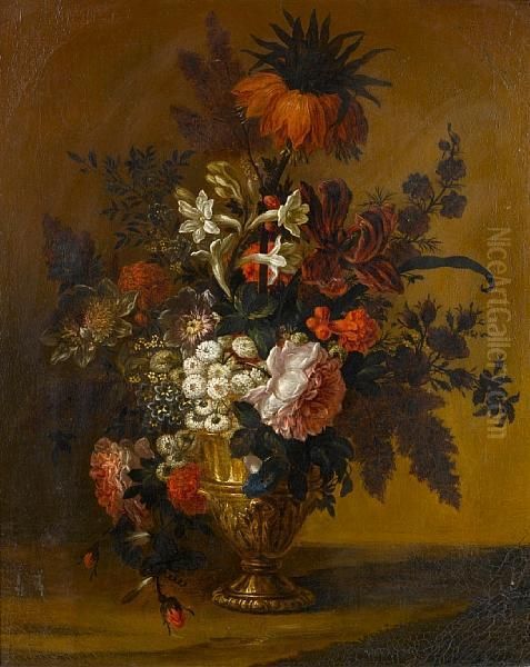 Tulips, Convolvulus, Roses And Other Flowersin A Bronze Urn On A Stone Ledge Oil Painting by Claude Huilliot