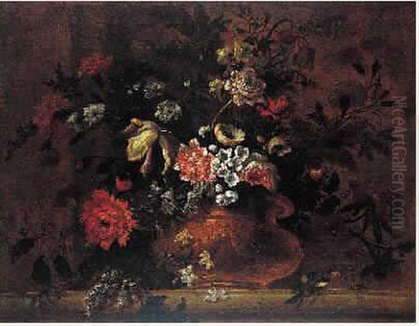 Vase De Fleurs Sur Un Entablement : Pavot, Anemone Double, OEillets, Tulipe Et Jasmins Oil Painting by Claude Huilliot