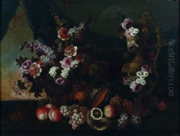 Nature Morte Aux Fleurs Et Aux Fruits Et A La Pieced'orfevrerie Oil Painting by Pierre-Nicolas Huillot