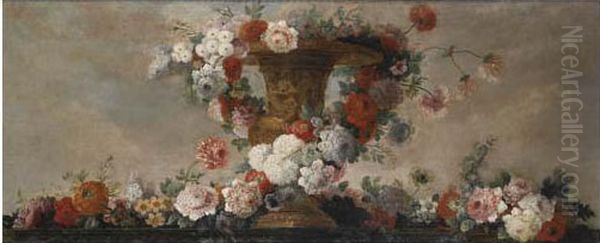 Natures Mortes A La Guirlande De Fleurs Et Urne En Bronze Dore Sur Un Entablement De Marbre Oil Painting by Pierre-Nicolas Huillot