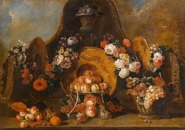 A Basket Of Plums With A Silver Gilt Tazza Ofpeaches And Garlands Of Flowers With A Basket Of Grapes Arranged Ina Stone Niche Oil Painting by Pierre-Nicolas Huillot