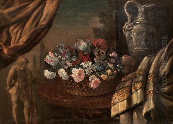 Stilleben Med Blommor, Kanna Och Herkulesskulptur Oil Painting by Pierre-Nicolas Huillot