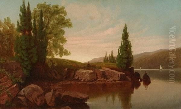 River Bank View,
 Signed And Dated 1877, Lower Left Oil Painting by J.G. Hulett