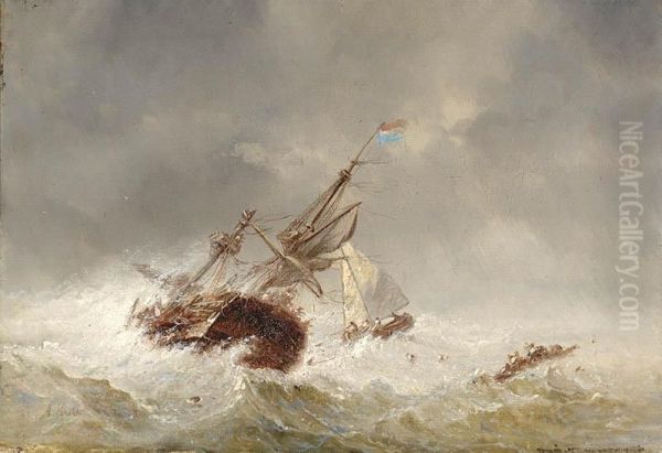 Seaview With Ships In Stormy Weather Oil Painting by Abraham Hulk