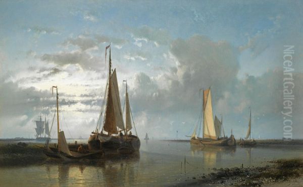 Fishing Vessels In An Estuary Oil Painting by Abraham Hulk Jun.