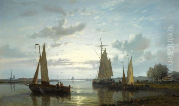 Fishing Boats On The Scheldt Oil Painting by Abraham Hulk Jun.