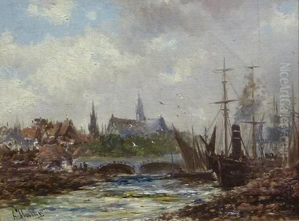 Busy River Scene Oil Painting by Abraham Hulk Jun.