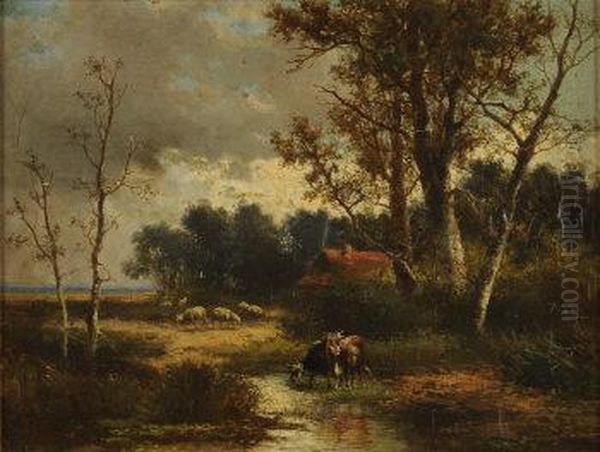 Cottage On The Edge Of Woodland With Sheep Grazing And Cattle Watering In The Foreground Oil Painting by Abraham Hulk Jun.