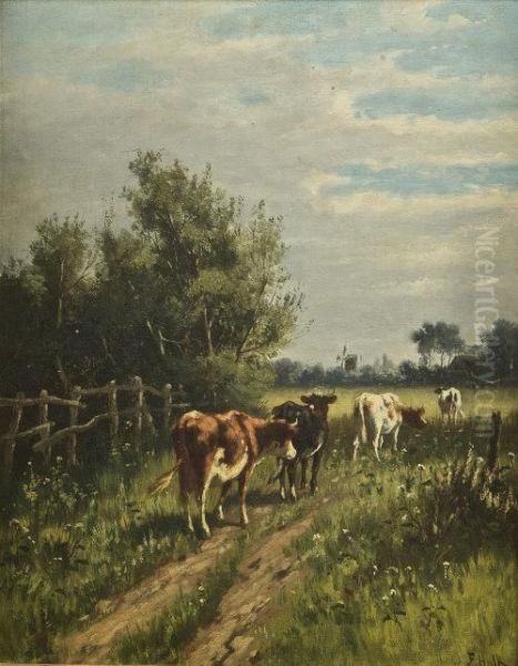 Cattle In A Summer Landscape Oil Painting by F. Hulk