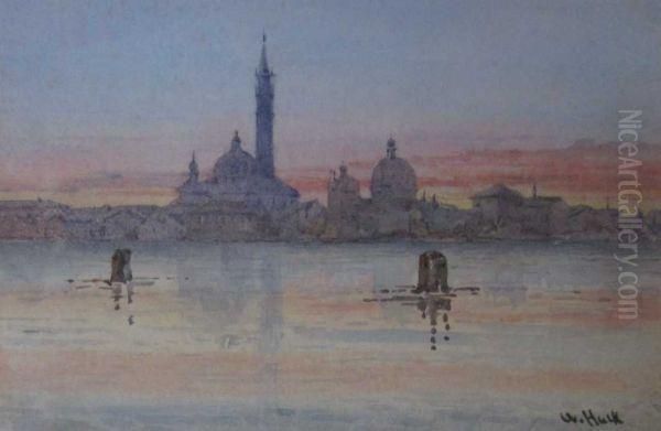 Venetian Skyline At Sunset Oil Painting by F. Hulk