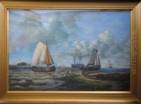 Marine Scene Depicting Figures On Shore With Various Boats Setting Out Oil Painting by F. Hulk