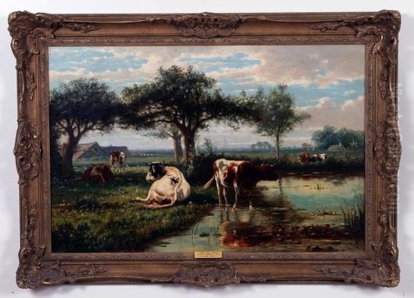 Near The Brook, Landscape With Cows Oil Painting by F. Hulk