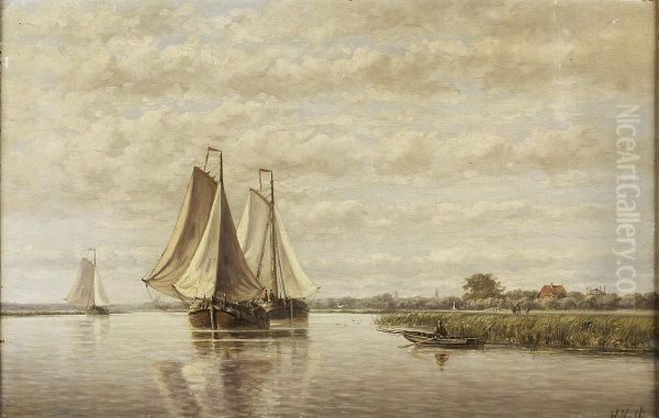 Barges On A Canal Oil Painting by Hendrik Hulk