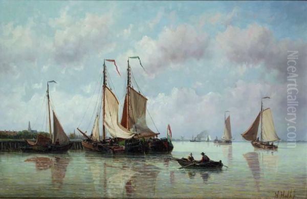 Zeilschepen In Riviermonding Oil Painting by Hendrik Hulk