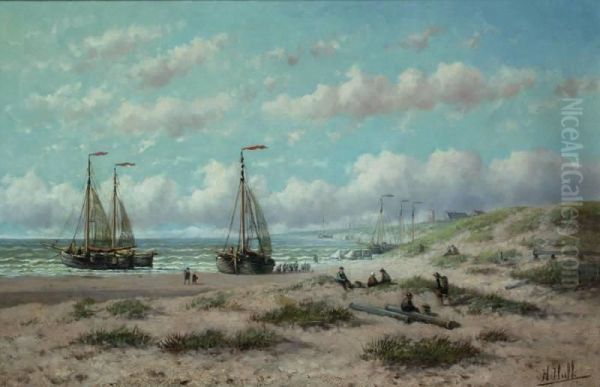 Bomschuiten En Badwagens Aan Het Strand, Vermoedelijk Ter Hoogte Van Katwijk Oil Painting by Hendrik Hulk