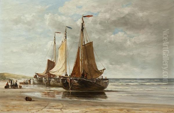 Moored Barges On The Beach Oil Painting by Hendrik Hulk