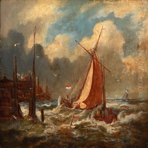 Dutch Coastal Scene With Sailing Boats In High Waves Oil Painting by Johannes Frederik Hulk, Snr.