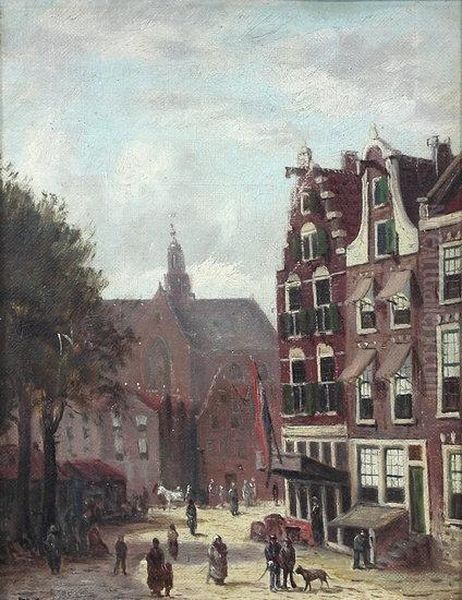 Dutch Street Scene Oil Painting by Johannes Frederik Hulk, Snr.