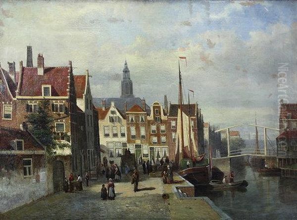 Dutch Canal Scene Oil Painting by Johannes Frederik Hulk, Snr.