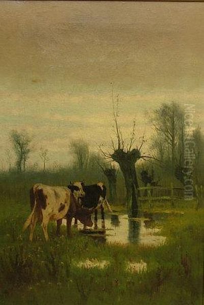 Cattle Watering By A River With Woodland Oil Painting by William Frederick Hulk