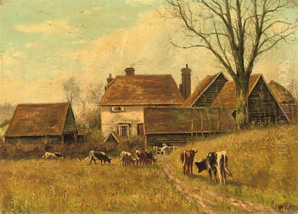 Cattle Grazing By The Cottages Oil Painting by William Frederick Hulk