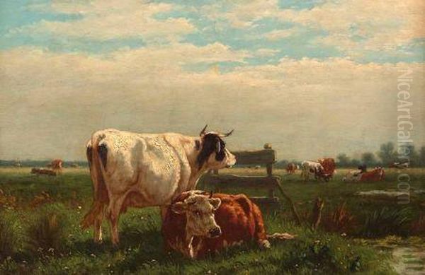 Cattle Grazing In A Meadow Oil Painting by William Frederick Hulk