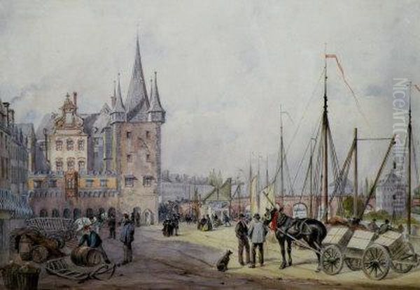 Figures At A Quayside In A Continental Town Oil Painting by Edwin Hull