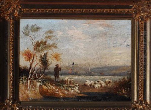 A Shepherd And Flock By A Pool With A Village And Its Church In The Distance Oil Painting by William Hull