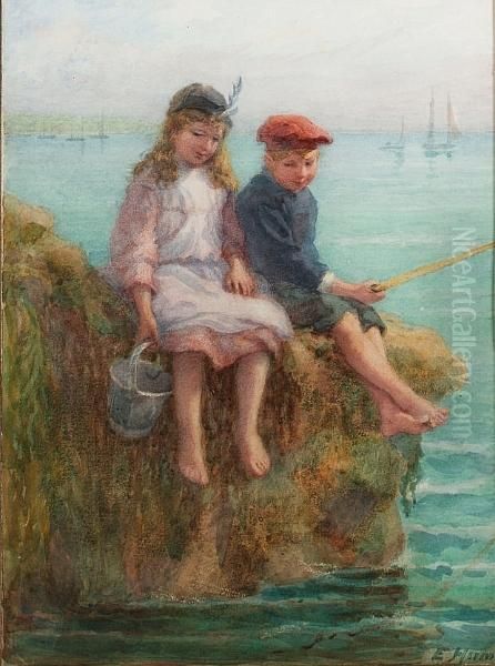 Children Fishing Oil Painting by Edith Hume