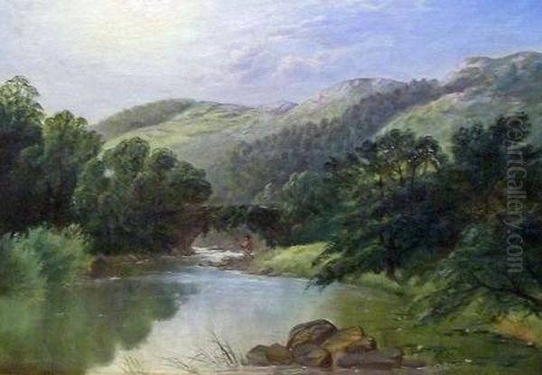 Welsh Mountain Landscape With Angler Oil Painting by Frederick William Hulme