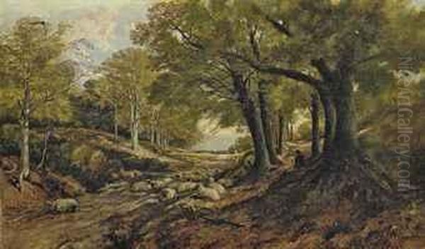 A Shepherd And His Flock Resting In A Shady Glen Oil Painting by Frederick William Hulme