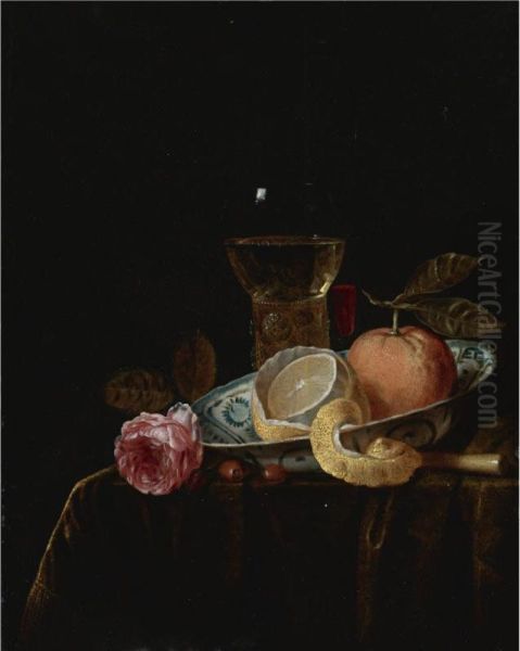 Still Life With A Peeled Lemon And An Orange In A Blue And White Porcelain Bowl, A Roemer, A Tall Wine Glass, A Rose And Other Objects On A Draped Table Oil Painting by Gillis Jacobsz. Hulsdonck