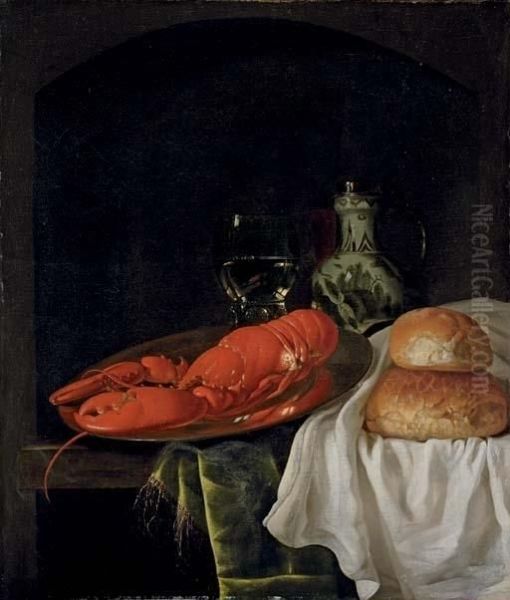 A Lobster On A Pewter Plate, A Roemer Of Wine, A Porcelain Jug And Two Bread Rolls On A White Cloth, On A Partly-draped Wooden Table In A Niche


Lot Title Oil Painting by Gillis Jacobsz. Hulsdonck