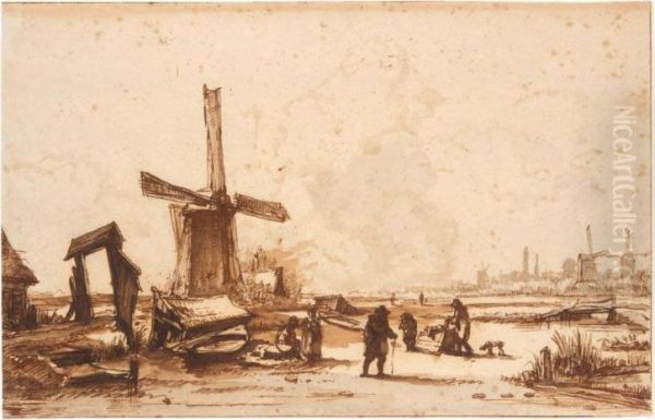 Landscape With Windmills On The Outskirts Of Amsterdam Oil Painting by Jan Hulswit