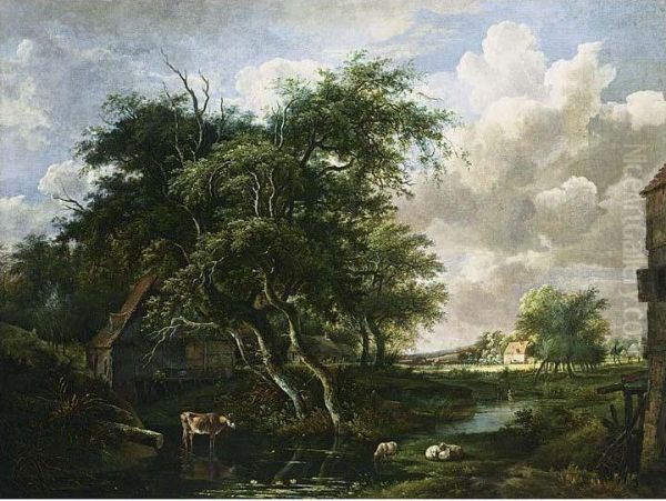 A Wooded Landscape With Houses, Sheep And A Cow Near A Stream, And Two Shepherds Paddling Beyond Oil Painting by Jan Hulswit