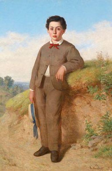 Knabe Mit Strohhut In Einer Landschaft Oil Painting by August Humbert