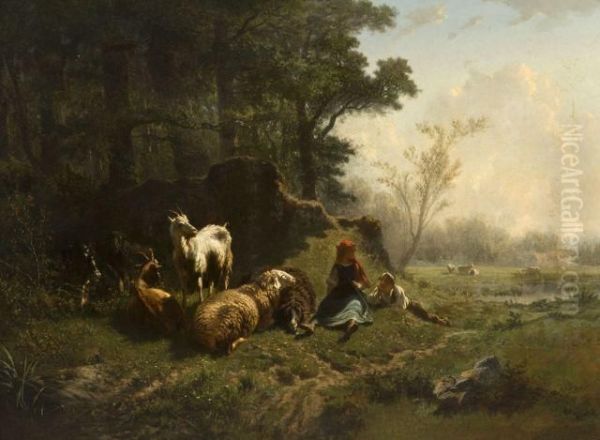 Couple De Jeunes Bergers Dans Un Paysage De Marais Oil Painting by Charles Humbert