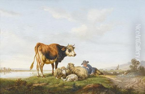 Idyllische Landschaft Mit Hirten, Rind Und Schafen Oil Painting by Charles Humbert