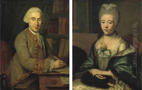 Portrait Of Jean Daniel De Loches (1731-1794), Half-length, In A
Gold-embroidered Green Coat With A White Jabot, Seated At A Writing
Desk; And Portrait Of Maria Josina Baldina Van Oldenbarnevelt
(1740-1792), In A White Silk Dress With A Fur-lined Blue Wra Oil Painting by Jean Humbert