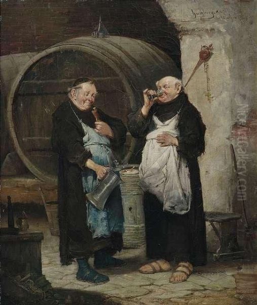 Two Friars In The Wine Cellar. Oil Painting by Adolf Humborg