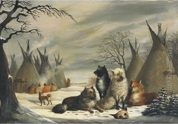 Indian Encampment With Dogs At Rest Oil Painting by Joseph Julius Humme