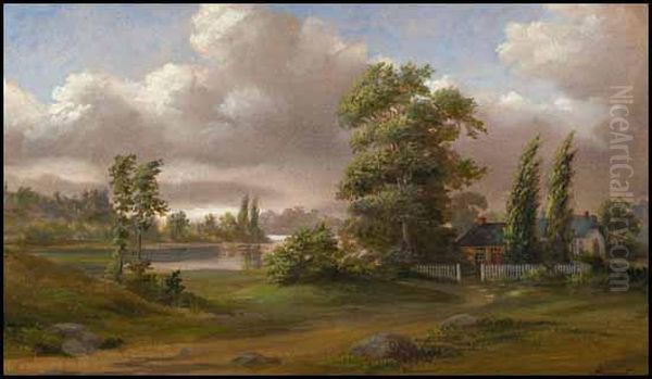 A) Country Home By The River Oil Painting by Joseph Julius Humme