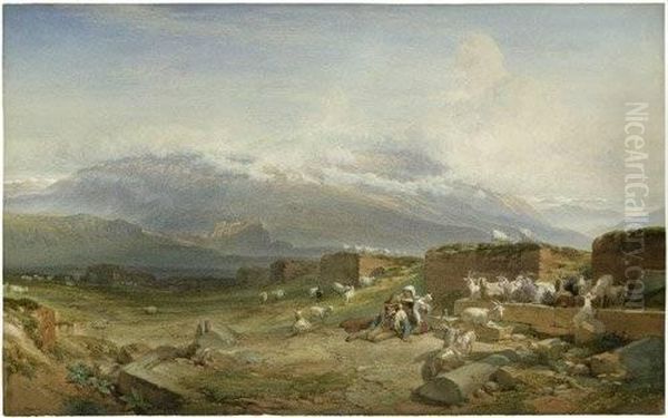 Ziegenhirten Vor Antiken Ruinen In Den Abruzzen Oil Painting by Carl Hummel