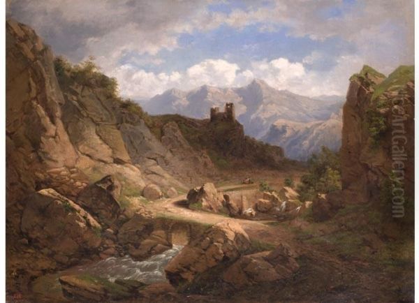 Sudliche Berglandschaft Mit Burgruine Oil Painting by Carl Maria Nicolaus Hummel